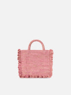Borsa Volant Mini in raffia rosa con logo ricamato