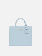 Borsa Shop Midi strutturata in pelle liscia azzurra con targhetta metallica
