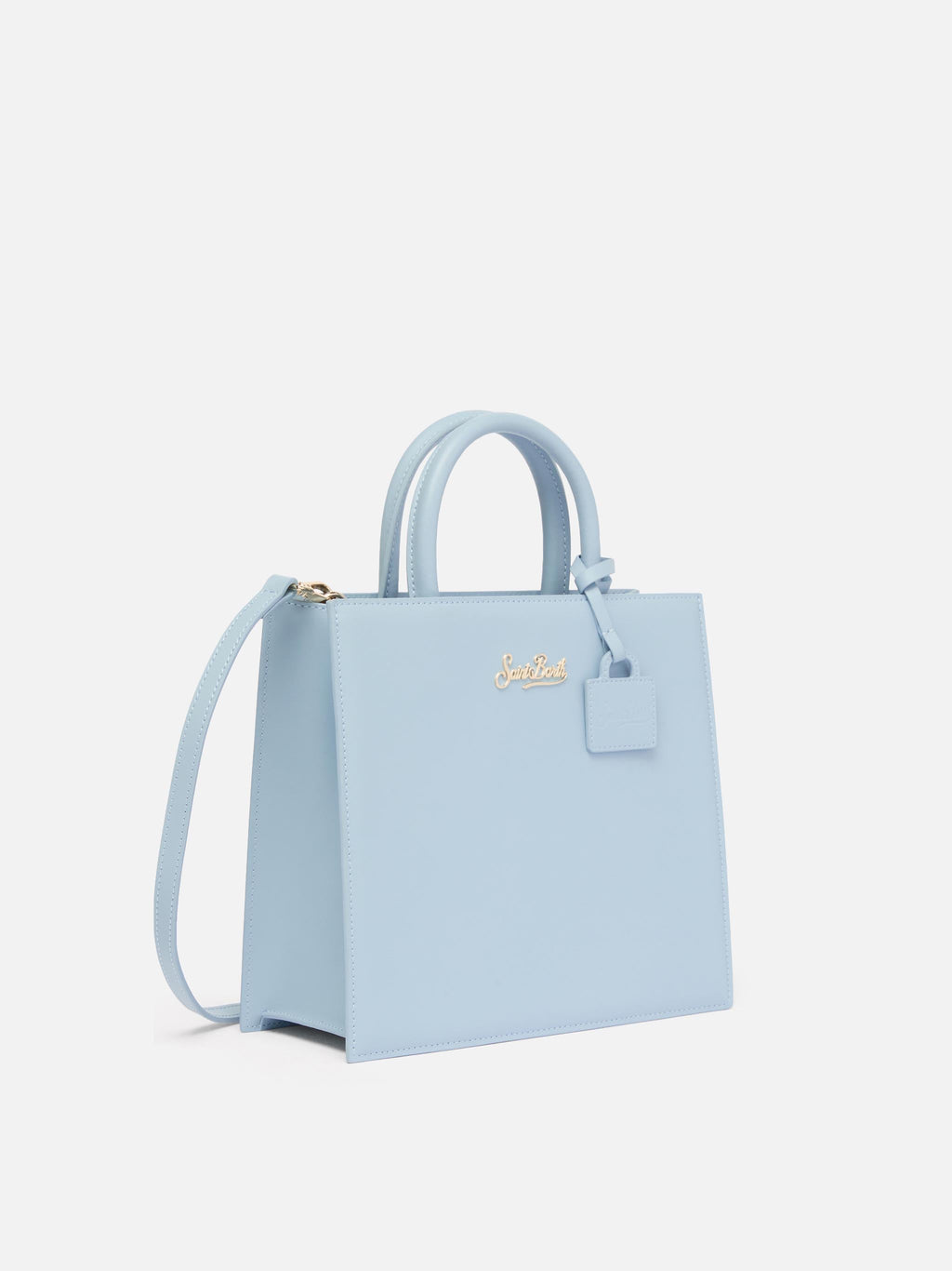Borsa Shop Midi strutturata in pelle liscia azzurra con targhetta metallica
