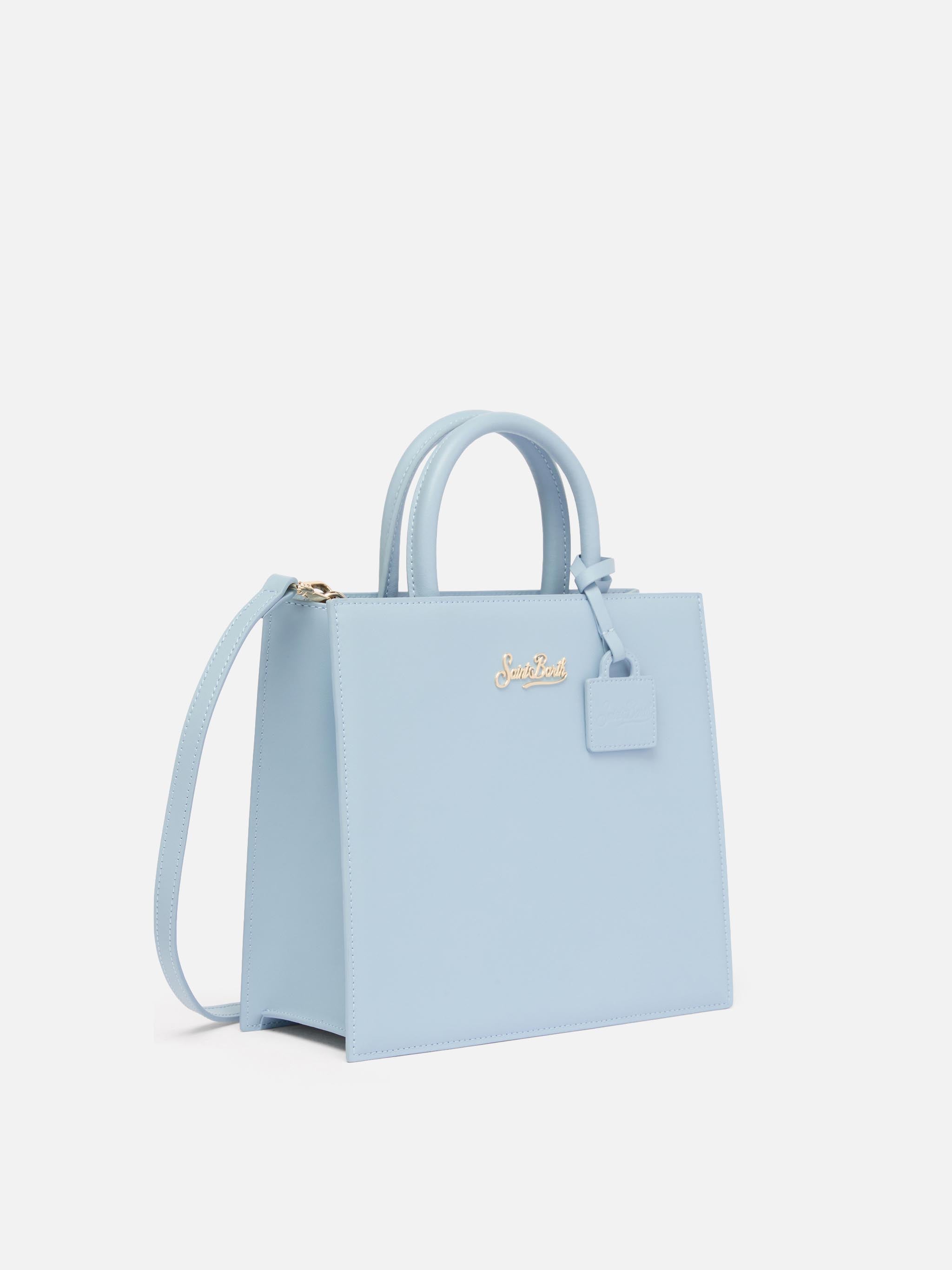 Borsa Shop Midi strutturata in pelle liscia azzurra con targhetta metallica