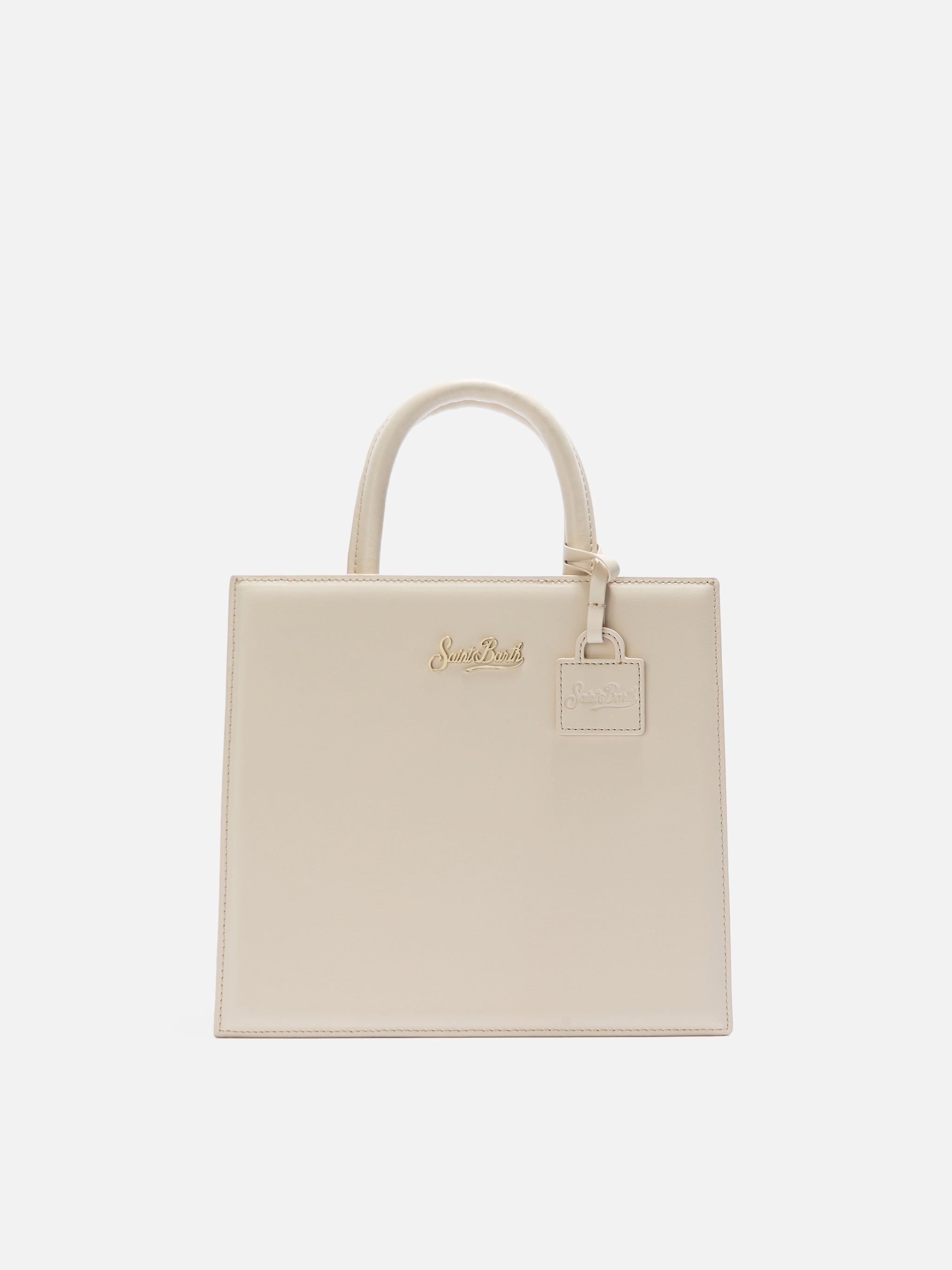 Borsa Shop Midi strutturata in pelle liscia avorio con targhetta metallica