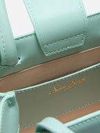 Borsa Shop mini strutturata in pelle liscia verde menta con targhetta metallica