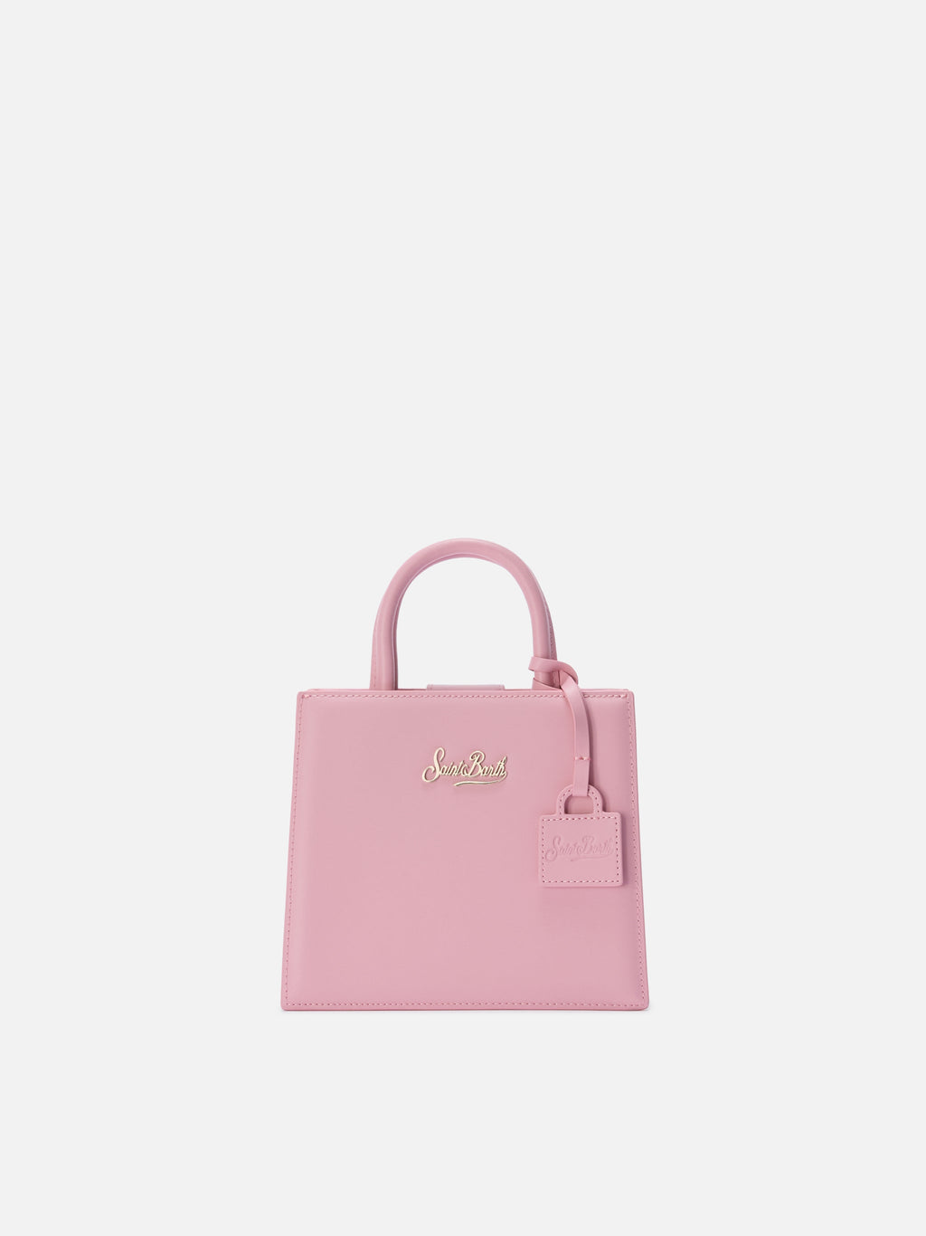 Borsa Shop mini strutturata in pelle liscia rosa con targhetta metallica