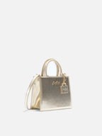 Borsa Shop Mini strutturata in pelle laminata oro con targhetta metallica