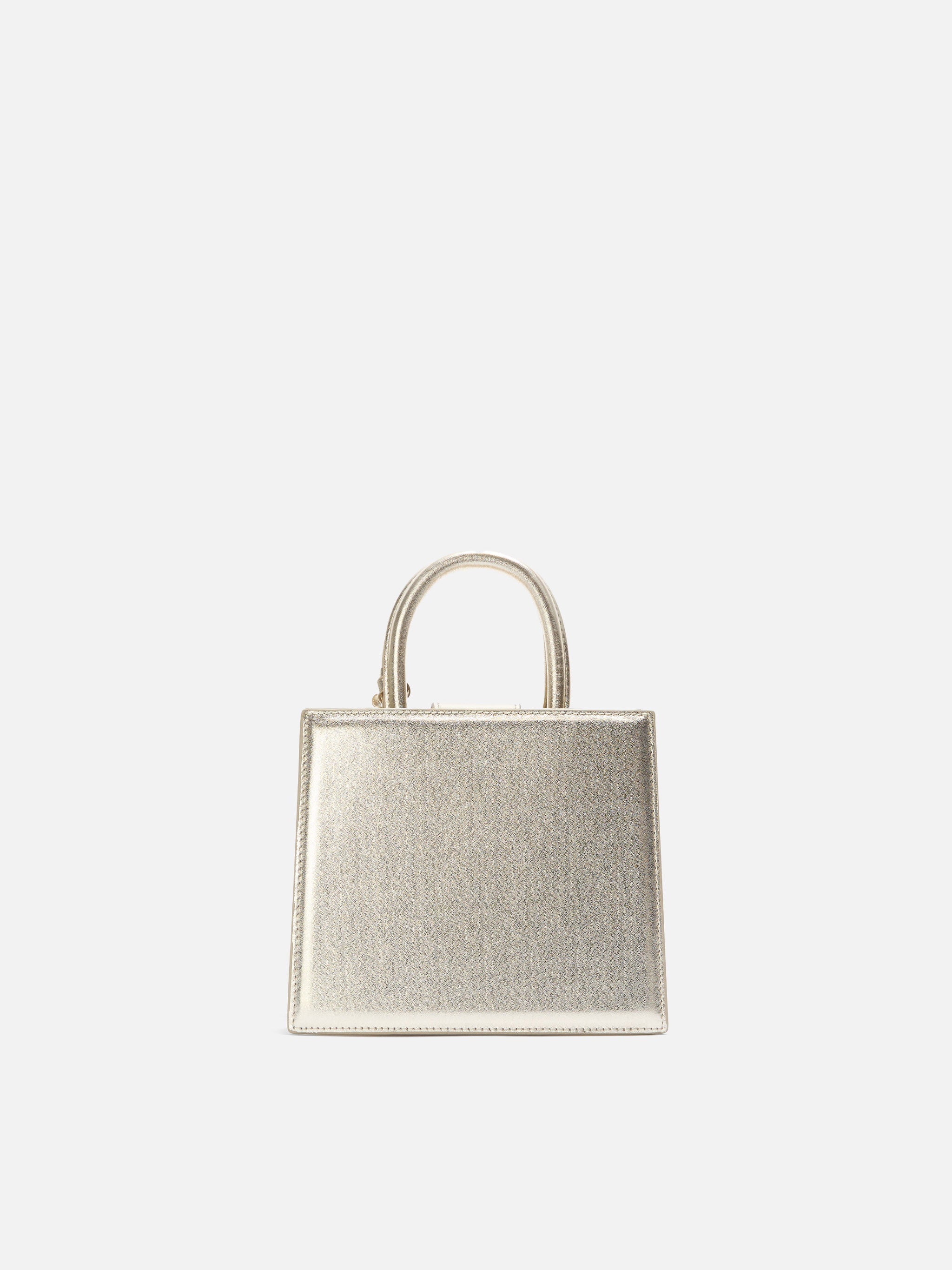 Borsa Shop Mini strutturata in pelle laminata oro con targhetta metallica