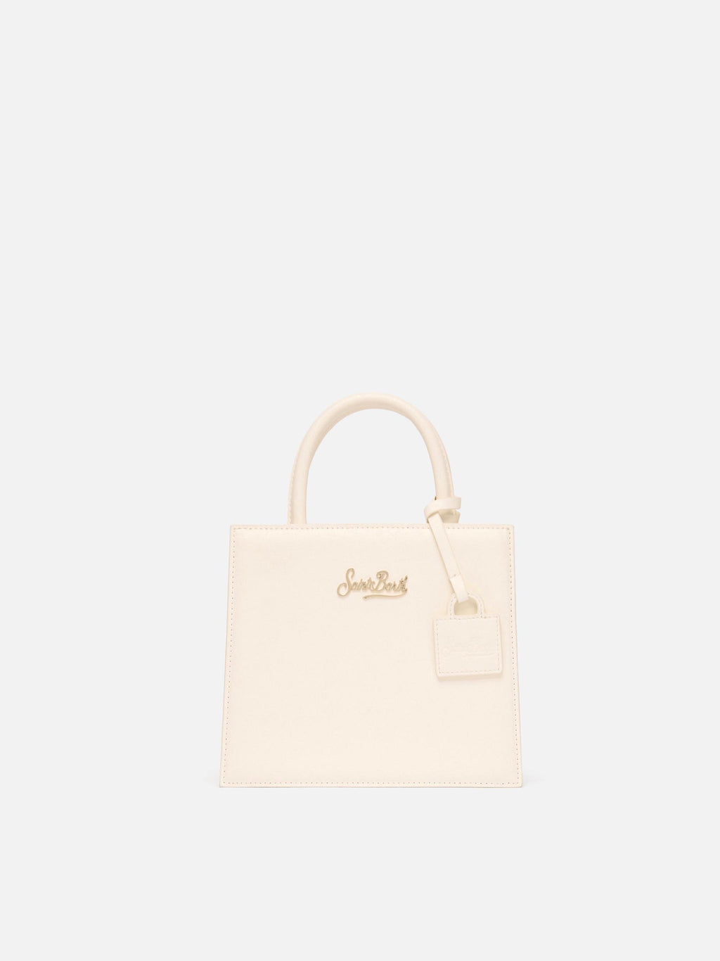 Borsa Shop mini strutturata in pelle liscia bianca con targhetta metallica