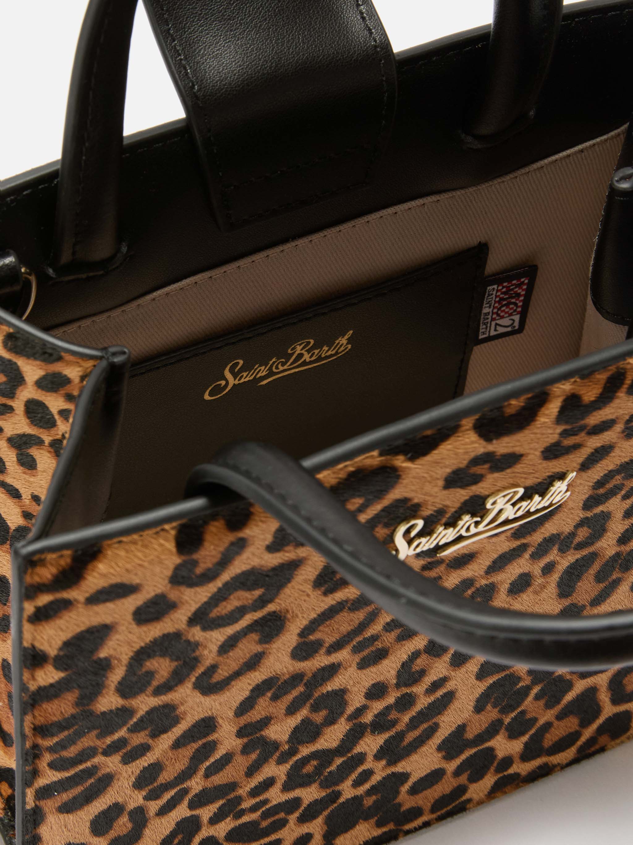 Borsa Shop Mini strutturata in cavallino leopardato con targhetta metallica