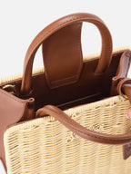 Borsa Shop Mini strutturata in midollino con dettagli in pelle marrone