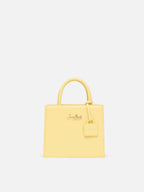 Borsa Shop mini strutturata in pelle liscia giallo tenue con targhetta metallica