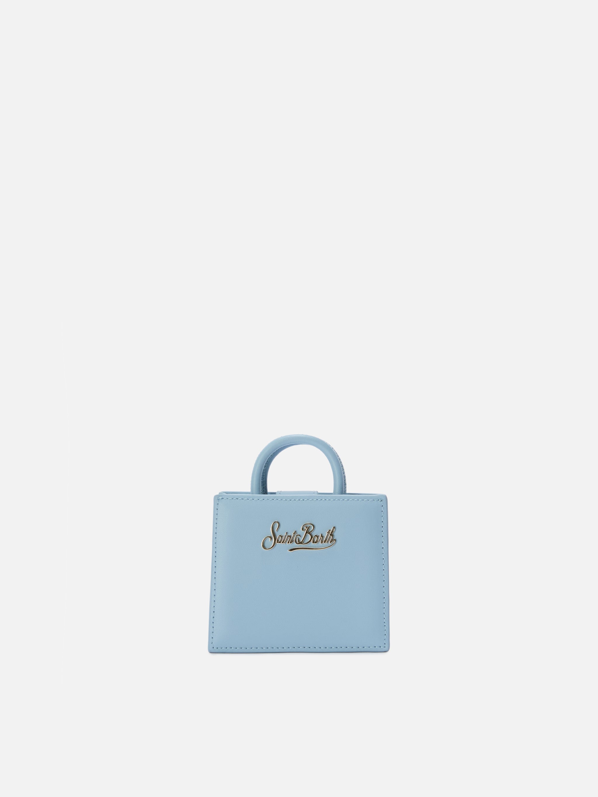 Borsa Shop micro strutturata in pelle liscia azzurra con targhetta metallica
