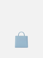 Borsa Shop micro strutturata in pelle liscia azzurra con targhetta metallica