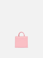 Borsa Shop micro strutturata in pelle liscia rosa con targhetta metallica
