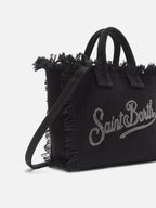 Borsa Vanity mini in canvas nera con logo in strass