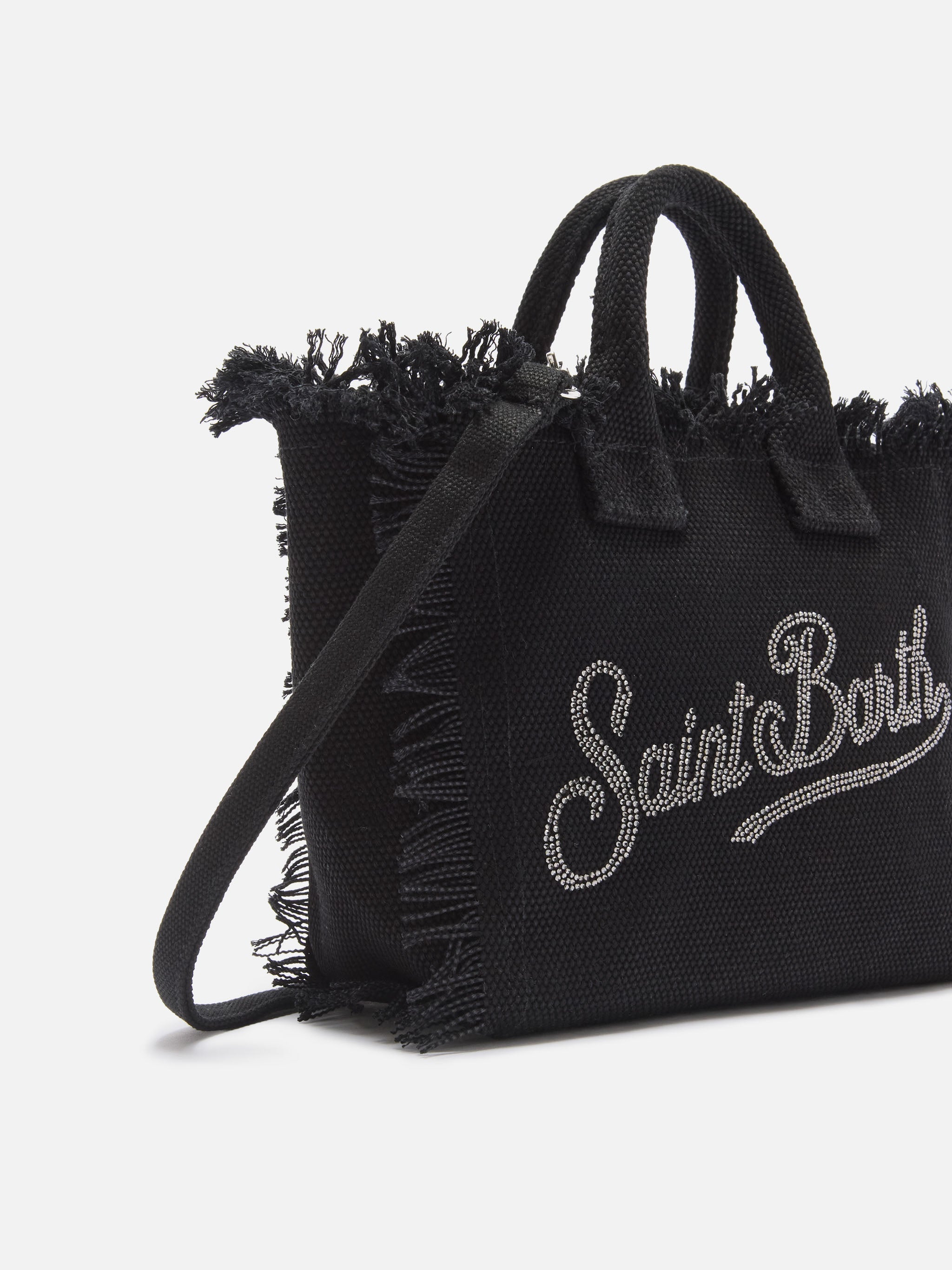 Borsa Vanity mini in canvas nera con logo in strass