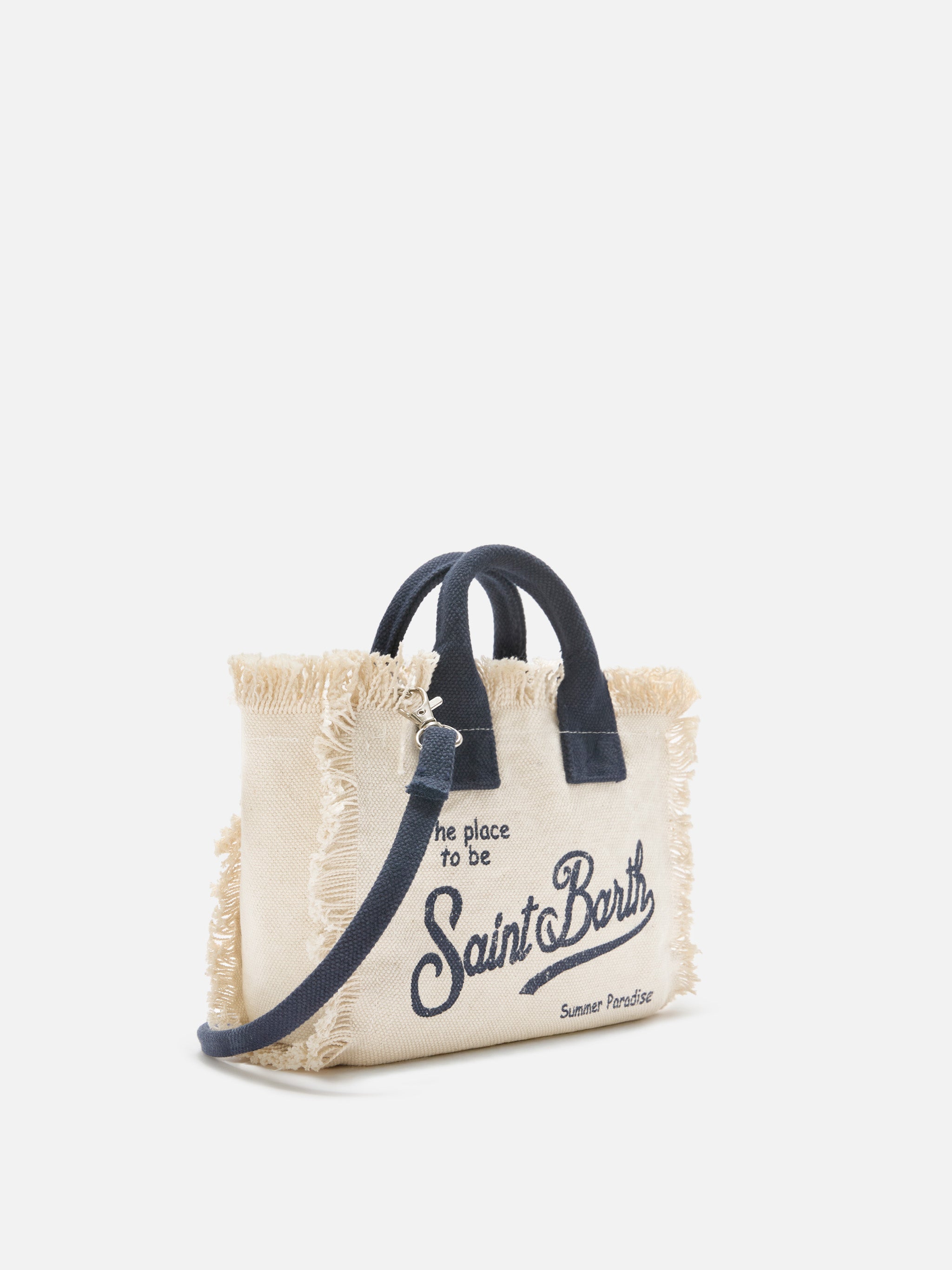 Borsa Vanity mini in canvas bianca con dettagli blu
