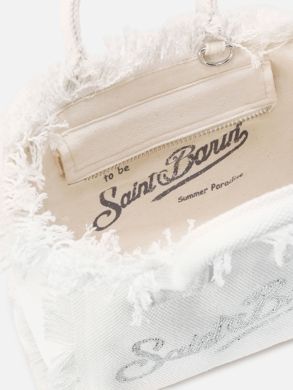 Borsa Vanity mini in canvas bianca con logo in strass