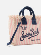 Borsa Vanity mini in canvas a righe rosa con dettagli blu