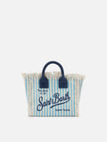 Borsa Vanity mini in canvas a righe azzurre con dettagli blu