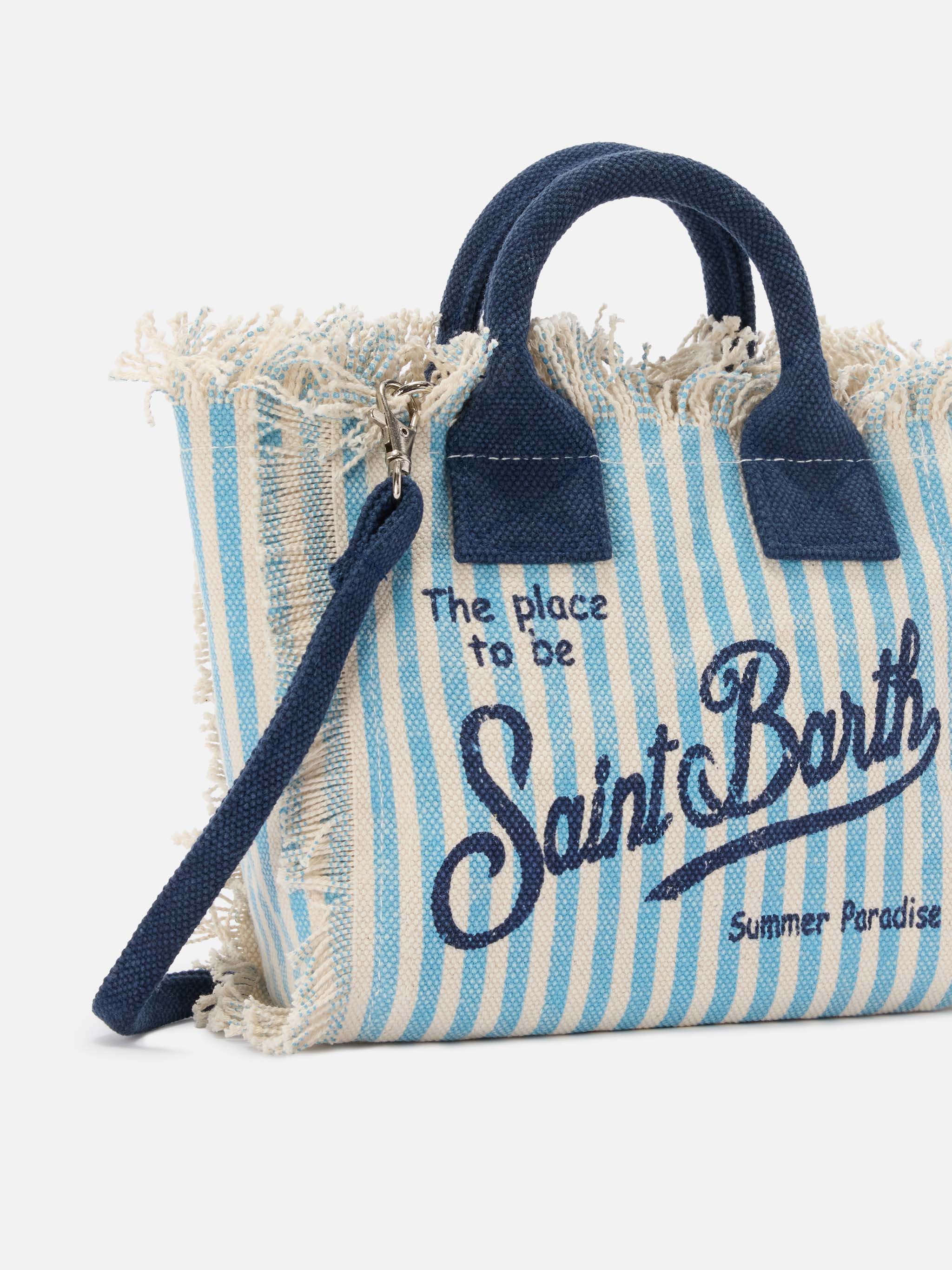 Borsa Vanity mini in canvas a righe azzurre con dettagli blu