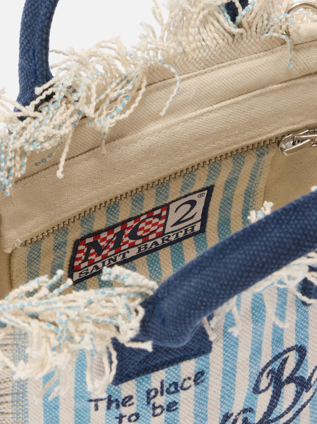 Borsa Vanity mini in canvas a righe azzurre con dettagli blu