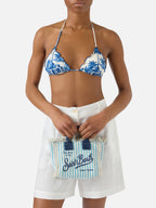 Borsa Vanity mini in canvas a righe azzurre con dettagli blu