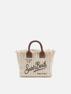 Borsa Vanity mini in canvas a righe marroni con dettagli a contrasto