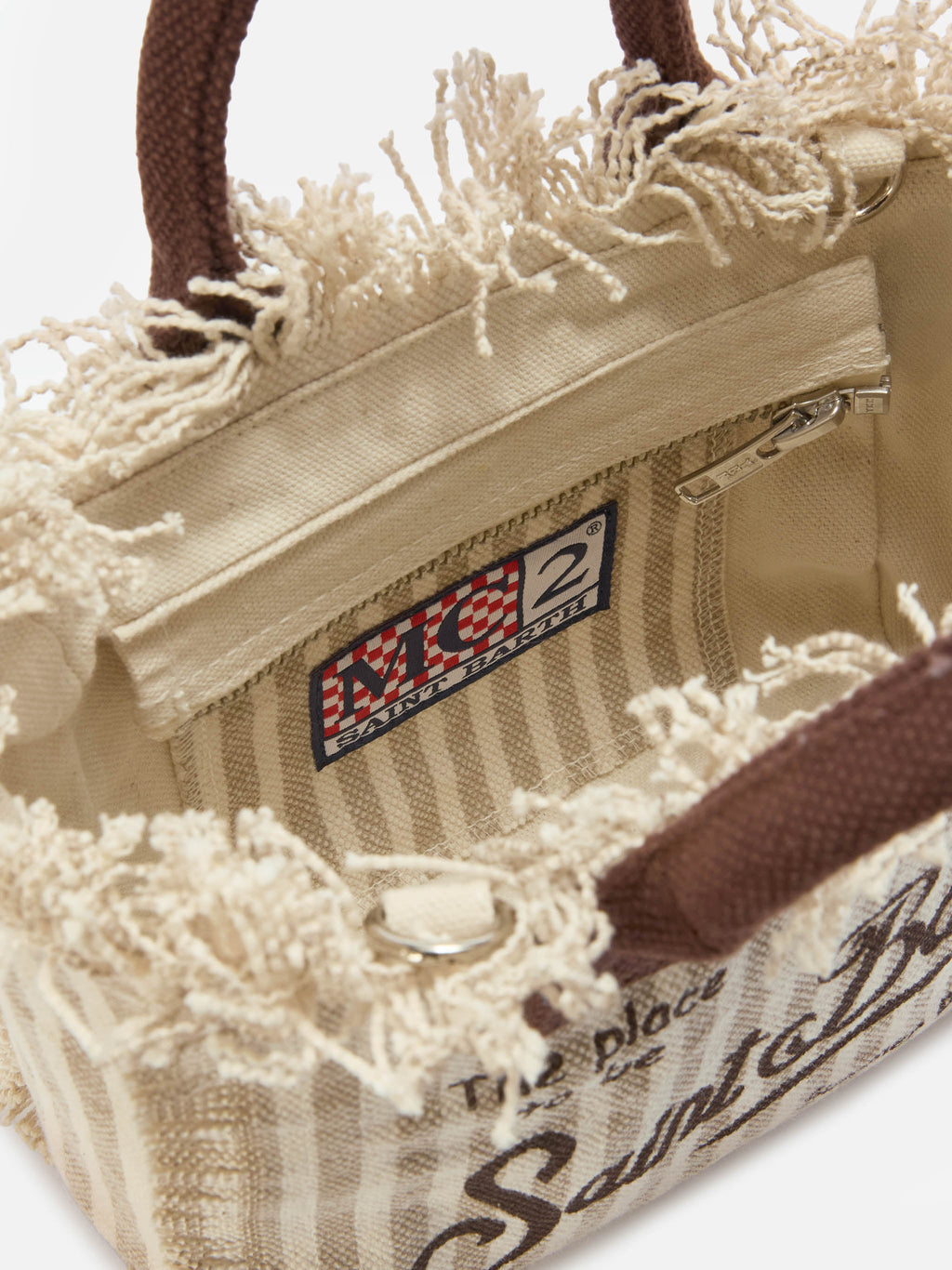 Borsa Vanity mini in canvas a righe marroni con dettagli a contrasto
