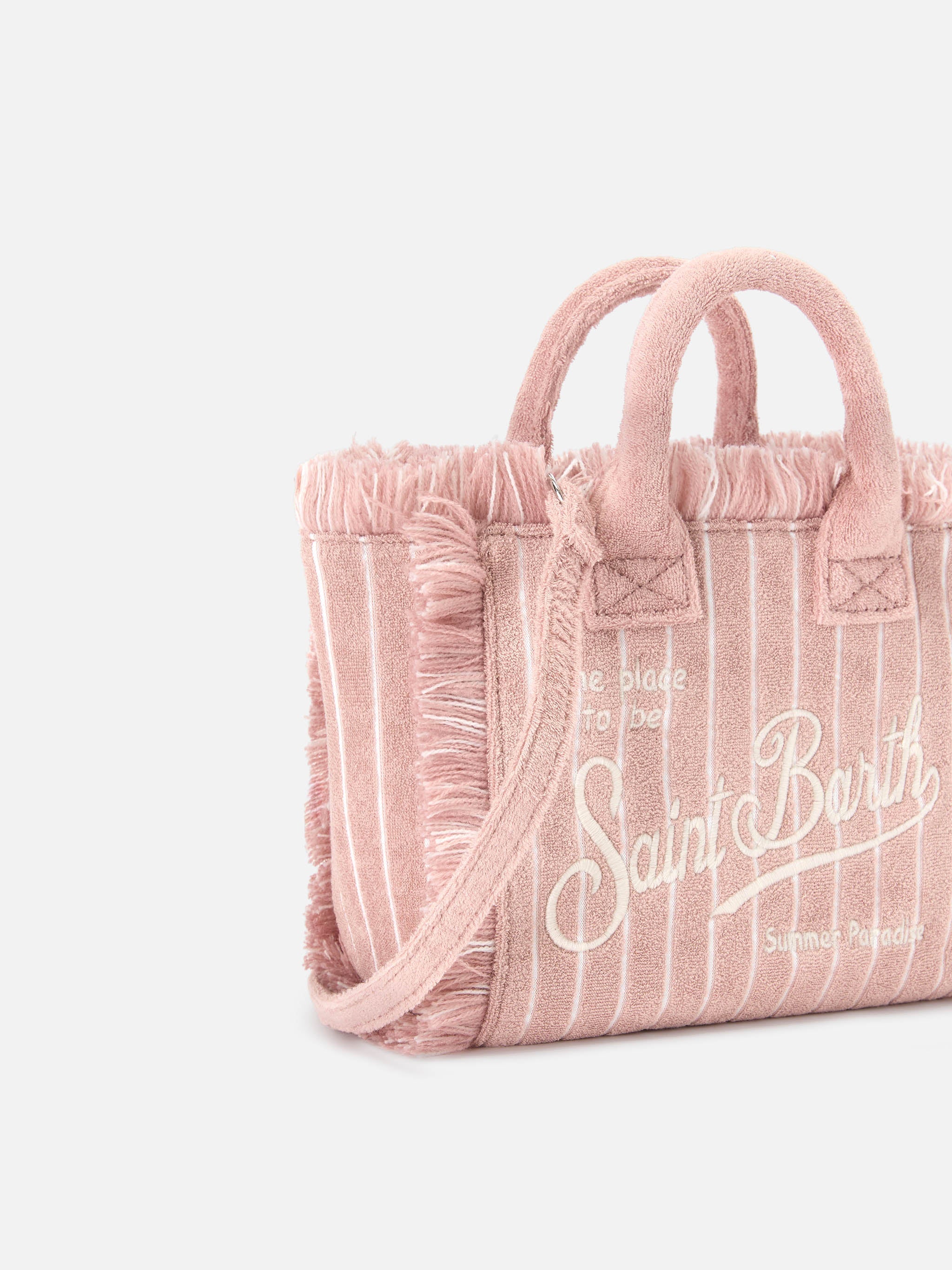 Borsa Vanity mini in tessuto effetto spugna a righe rosa