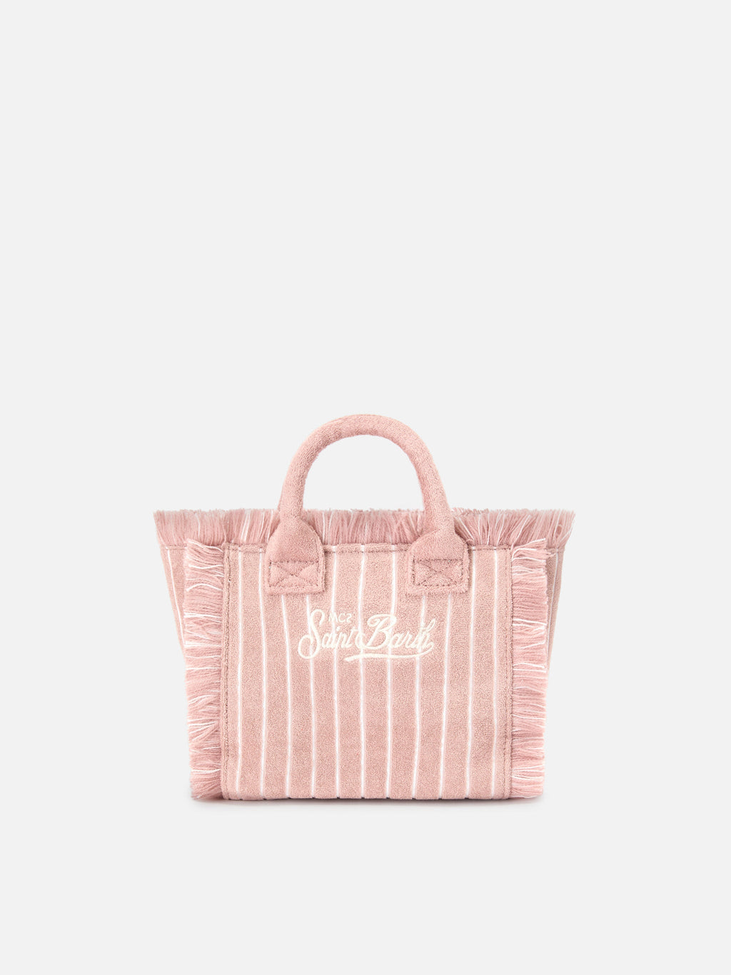 Borsa Vanity mini in tessuto effetto spugna a righe rosa