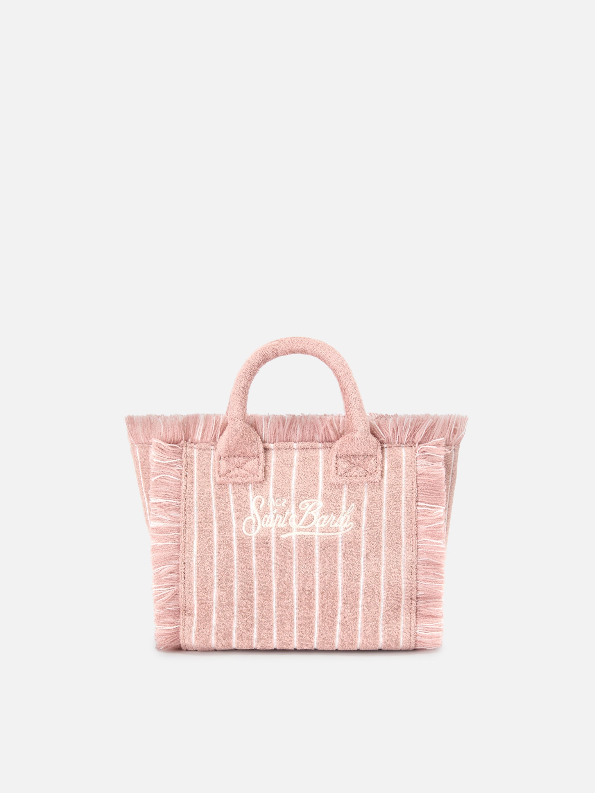 Borsa Vanity mini in tessuto effetto spugna a righe rosa
