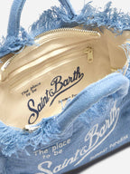 Borsa Vanity mini in lino blu tinta unita con tracolla removibile
