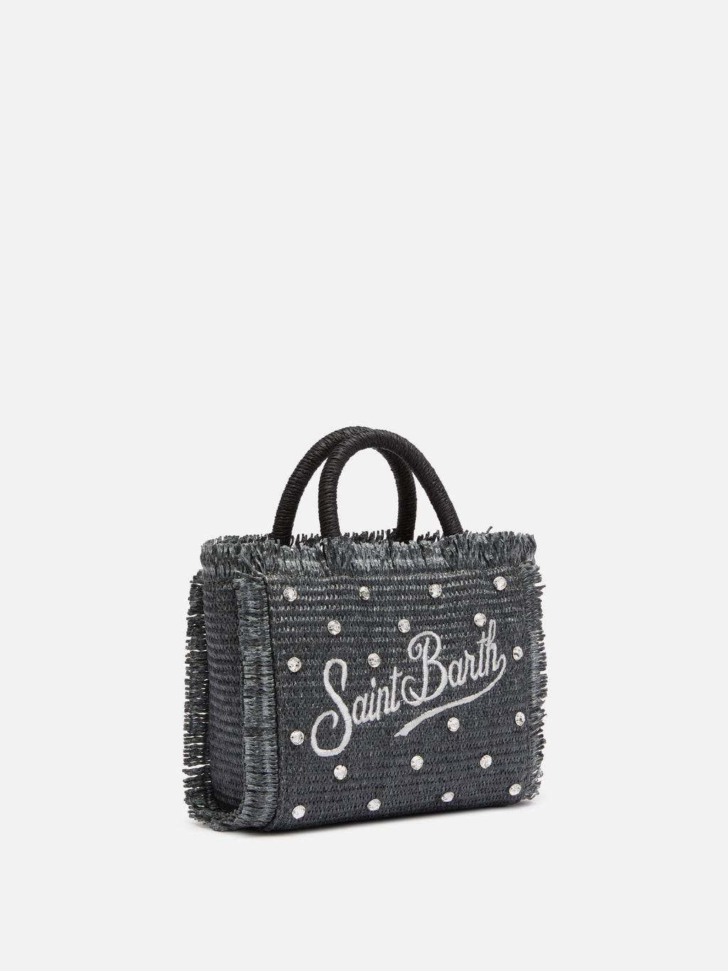 Borsa Mini Vanity effetto paglia con decorazioni in strass
