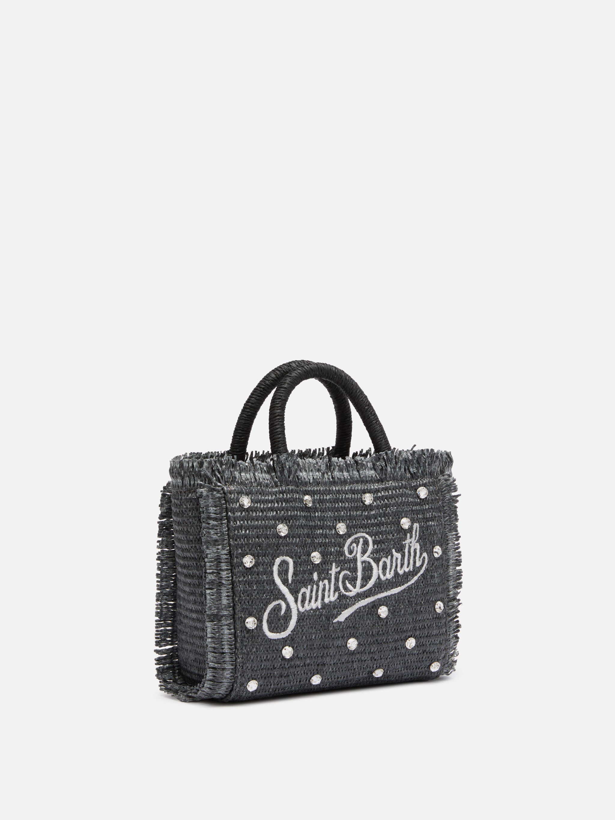 Borsa Mini Vanity effetto paglia con decorazioni in strass