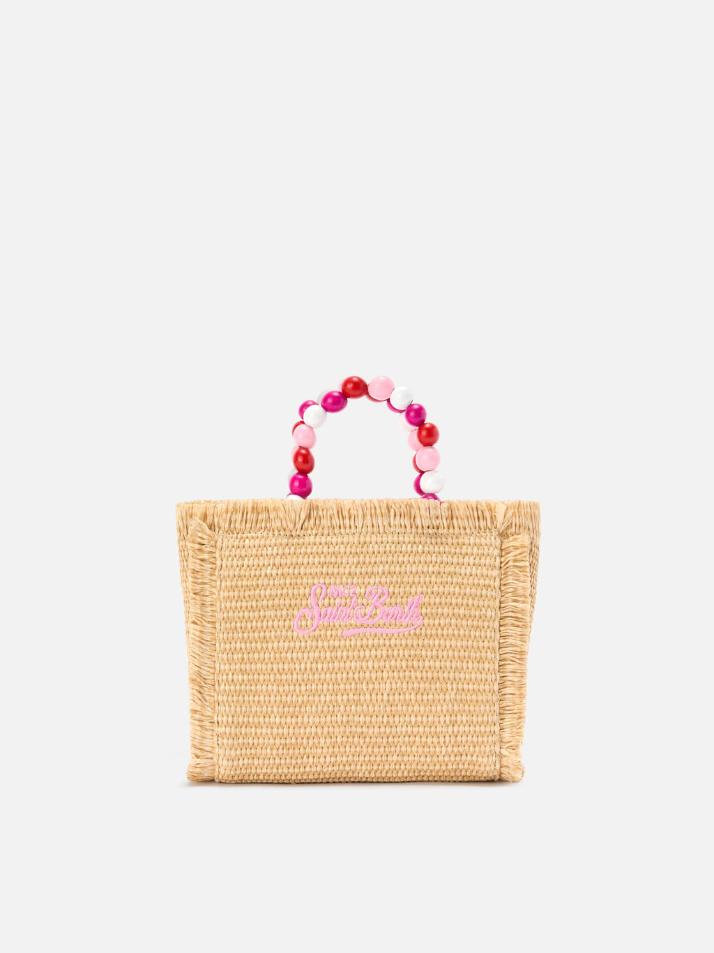 Borsa Vanity mini in tessuto effetto paglia con manico con perline
