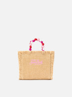 Borsa Vanity mini in tessuto effetto paglia con manico con perline