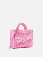 Borsa Vanity micro effetto paglia con dettagli rosa