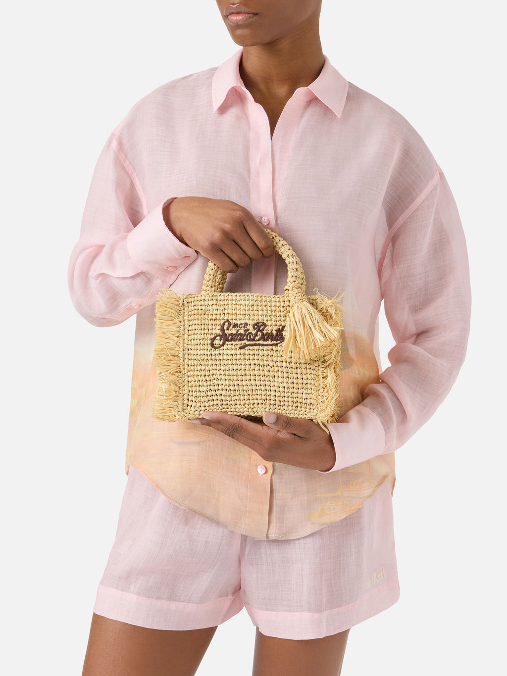 Borsa Vanity mini in raffia con frange laterali