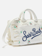 Borsa Vanity mini volant in denim bianca con fiori ricamati