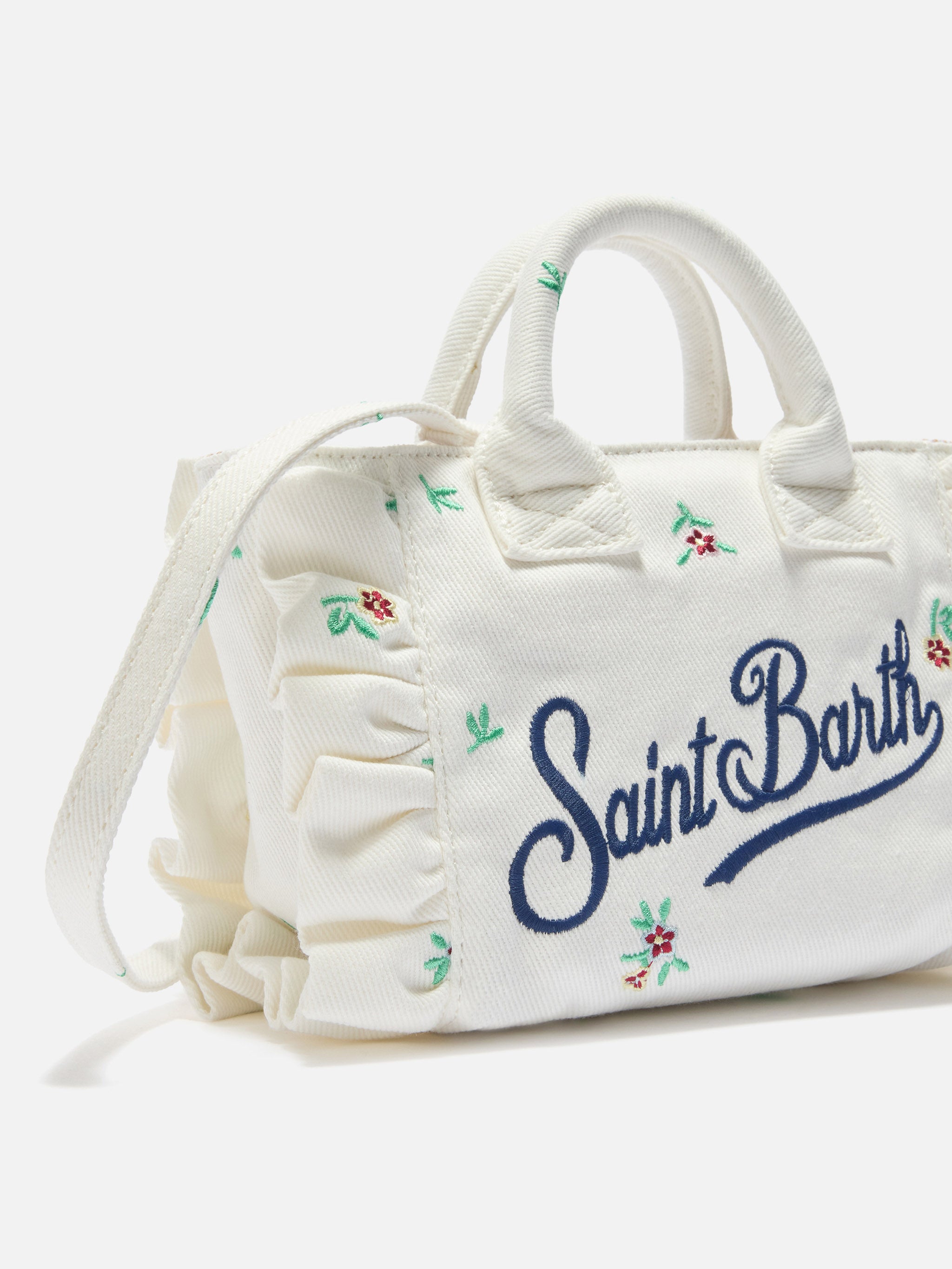 Borsa Vanity mini volant in denim bianca con fiori ricamati