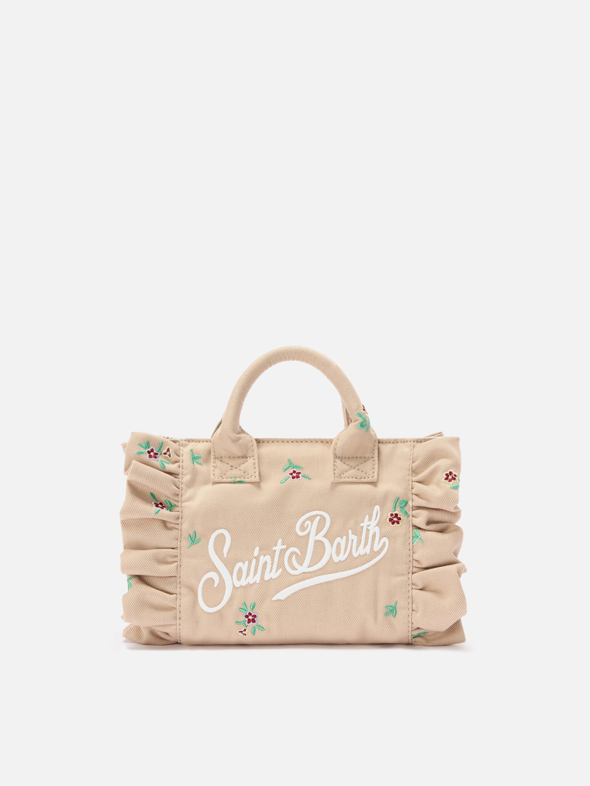 Borsa Vanity mini volant in denim beige con fiori ricamati
