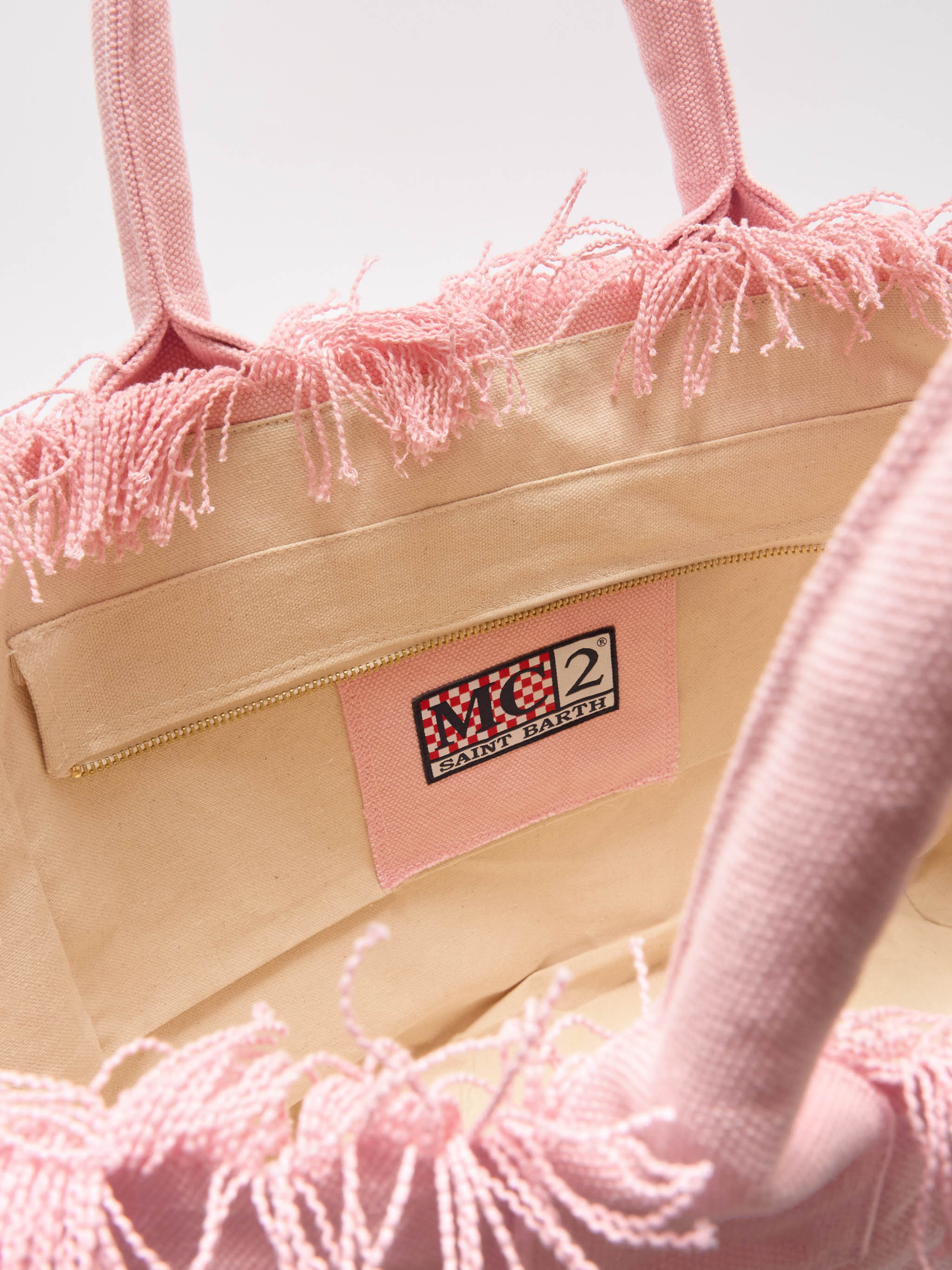 Borsa Vanity regular rosa in canvas con frange