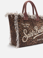 Borsa Vanity regular leopardata in canvas con frange