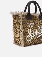Borsa Vanity regular in canvas leopardato con dettagli sfrangiati