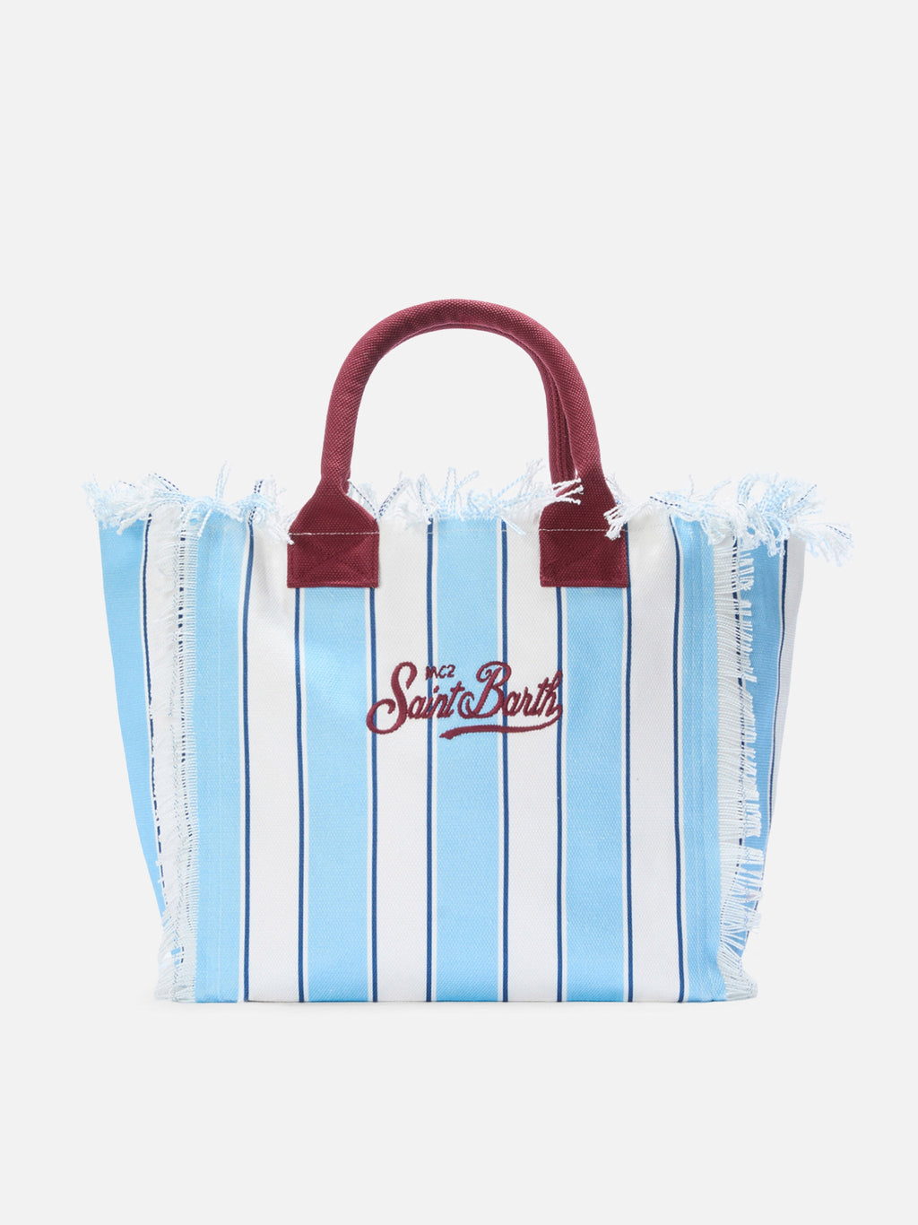 Borsa Vanity regular in canvas a righe azzurre con dettagli bordeaux