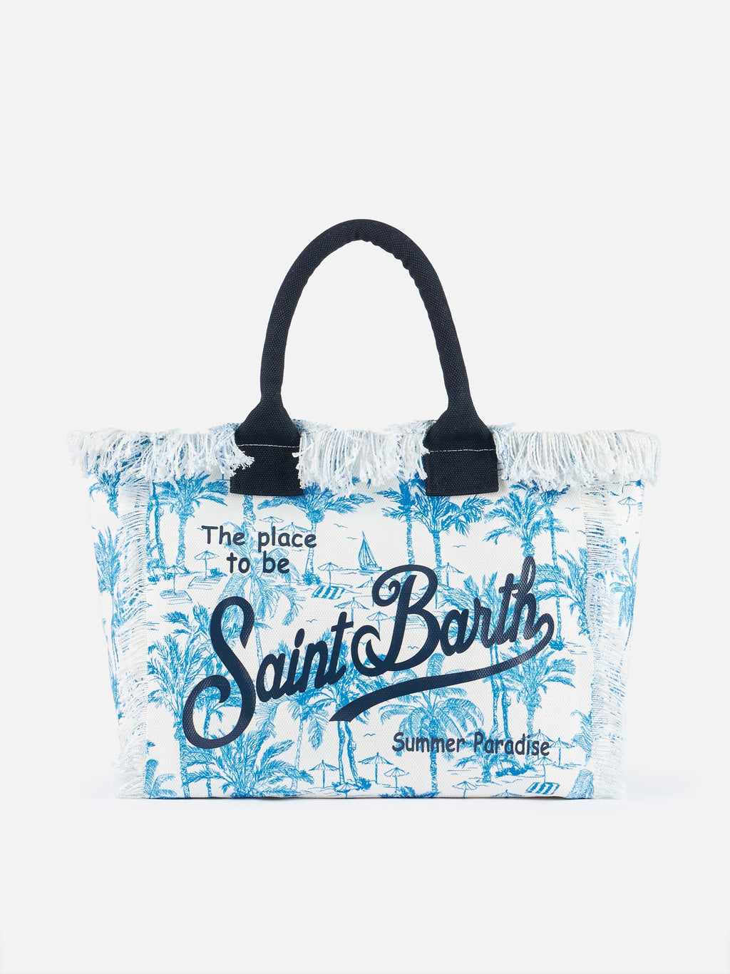Borsa a spalla Vanity in canvas di cotone bluette con stampa toile de jouy