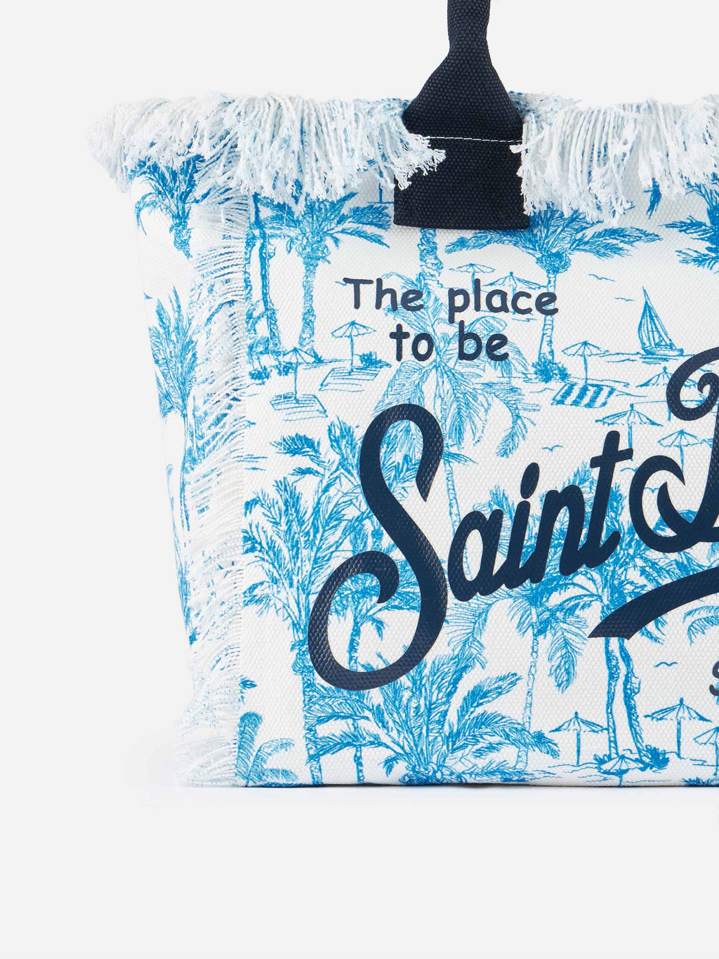 Borsa a spalla Vanity in canvas di cotone bluette con stampa toile de jouy