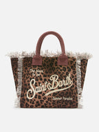 Borsa Vanity regular leopardata in canvas con frange