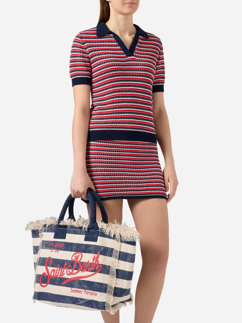 Borsa Vanity regular in canvas a righe orizzontali blu