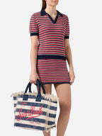 Borsa Vanity regular in canvas a righe orizzontali blu