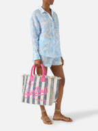 Borsa Vanity regular in canvas a righe verticali blu